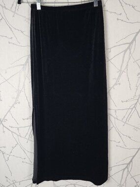 Donna Black Velvet Elastic Waist Side Slit Midi Pencil Skirt